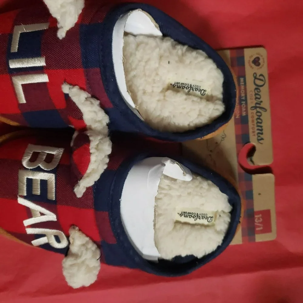 Dearfoams Kids Bear Plaid Clog Slippers Multi-Density Cushioned Insole With Memo